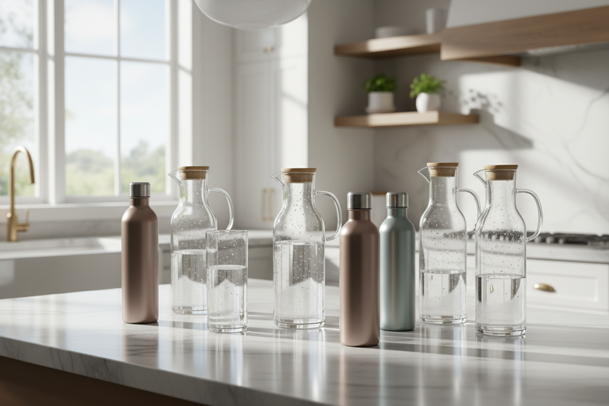 I need a banner for my website. My store sells water pitchers and water bottles. I don't need any text, and I'd rather have it in the kitchen.